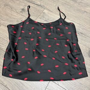 Black satin lips kiss print sexy flowy lightweight tank top